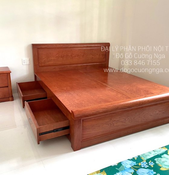 Giường Ô Kéo Gỗ Hương Đá Mẫu Trơn Phản Liền