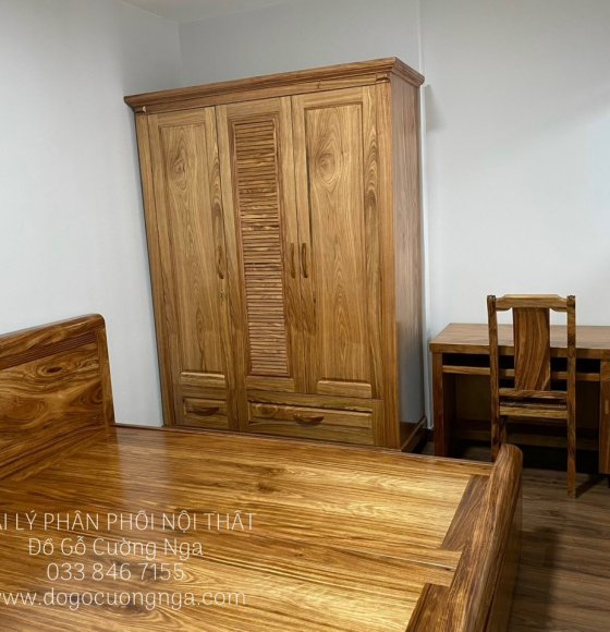 Bộ Combo Phòng Ngủ Giường Tủ Quần Áo Gỗ Hương Xám Giao Khách