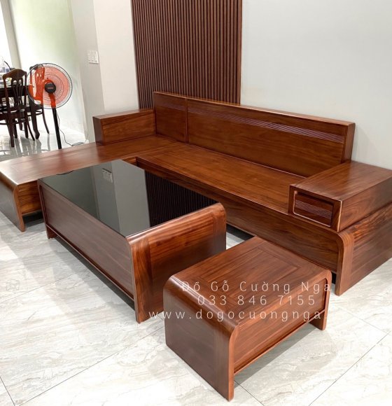 Sofa Gỗ Hương Xám 2m8x2m8 Màu Óc Chó Cao Cấp 