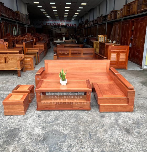 Ghế Sofa Gỗ Xoan Đào Tay Trứng 2m1x1m6 Tựa Liền