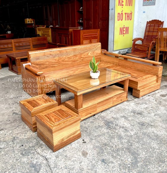 Ghế Sofa Gỗ Hương Xám Góc L 2m1x1m6 Tựa Cong
