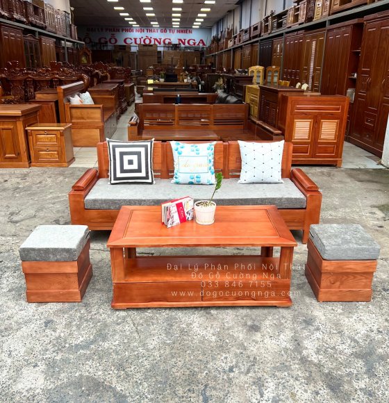 Sofa Văng Gỗ Sồi Nga Giá Rẻ Kèm Nệm 4 Chi Tiết 