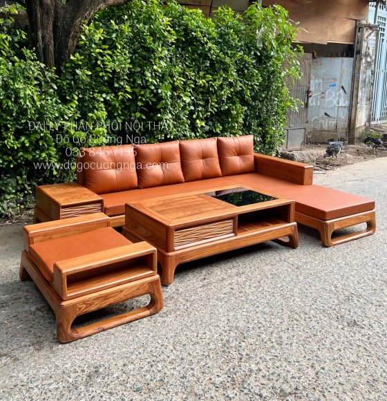 Ghế Sofa Gỗ Hương Vàng Cao Cấp Góc L 2m8x1m8 Chân Choãi 