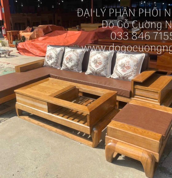  Bàn Ghế Sofa Gỗ Sồi Nga Góc L Đùi Gà Cao Cấp Lau Màu 2m7x1m8