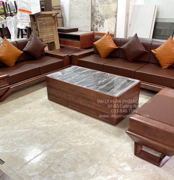 Bàn Ghế Sofa Gỗ Sồi Nga Lau Màu Óc Chó Chân Thuyền Kèm Nệm Bền Đẹp 