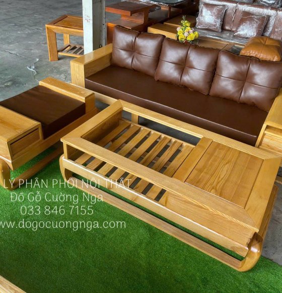 Bàn Ghế Sofa Gỗ Sồi Nga Văng Chân Đùi Gà Nệm Màu Tự Nhiên 