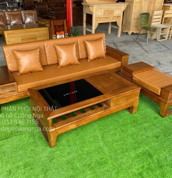 Bàn Ghế Sofa Gỗ Sồi Nga Lau Màu Óc Chó Văng Choãi Nhỏ Gọn Hiện Đại