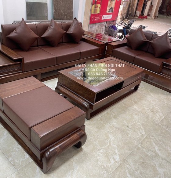 Bàn Ghế Sofa Gỗ Sồi Nga Lau Màu Óc Chó 2 Văng Chân Gà Kèm Nệm Giá Rẻ 