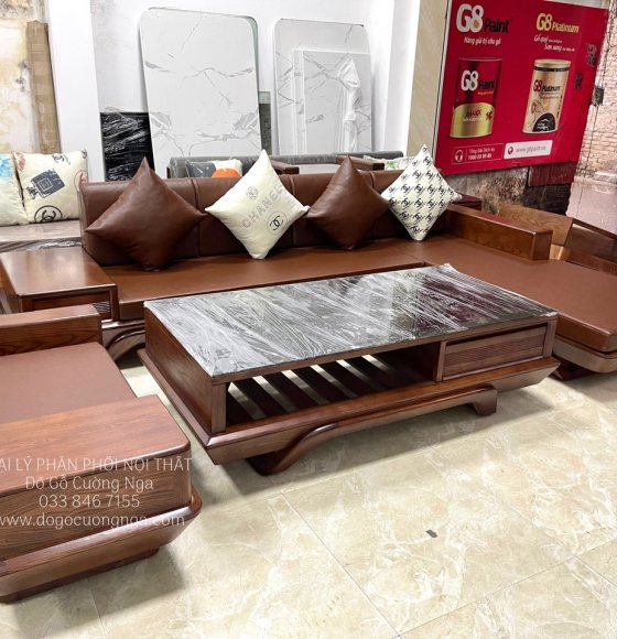 Bàn Ghế Sofa Gỗ Sồi Nga Góc Thuyền Lau Màu Óc Chó 2m8x1m8 Giá Rẻ 