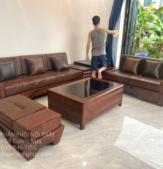 Sofa Gỗ Sồi Nga Lau Màu Óc Chó 2 Văng Thuyền Giá Rẻ 