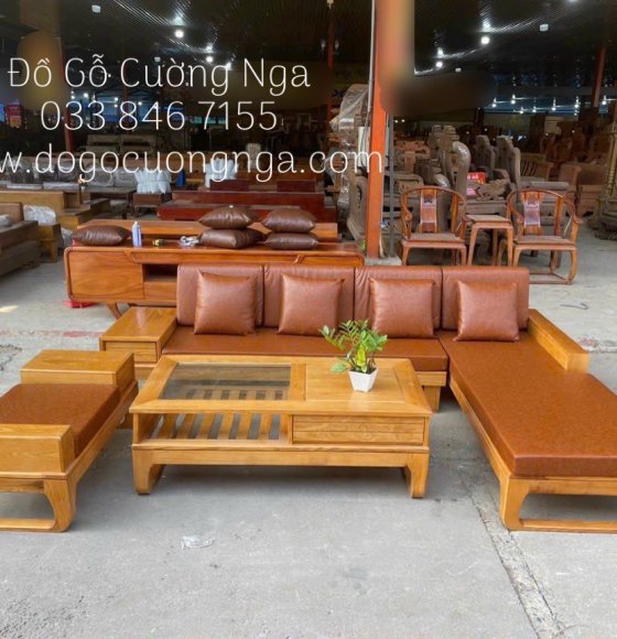 Ghế Sofa Gỗ Sồi Nga Góc L Lau Màu Hương Kèm Nệm