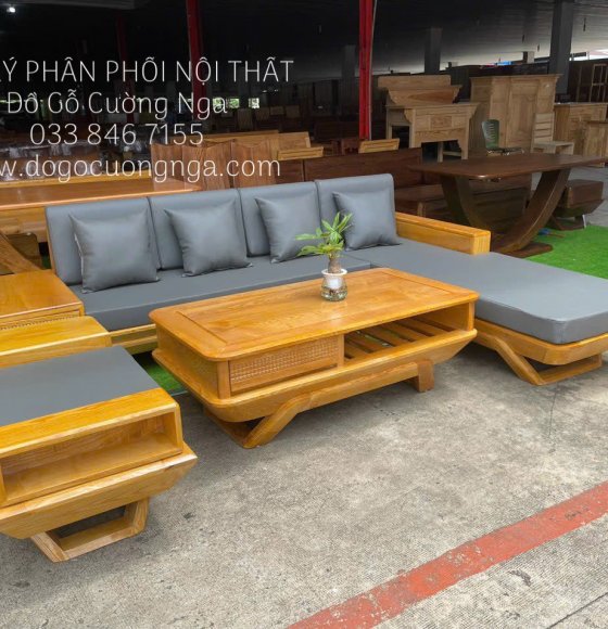 Ghế Sofa Gỗ Sồi Nga Góc L Lau Màu Hương Kèm Nệm 2m8X1m8 - MS002