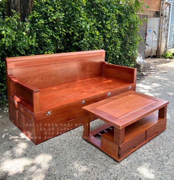Giường Gấp Gỗ Xoan Đào 2 Ngăn Kéo Kèm Bàn Sofa Gỗ Hiện Đại 