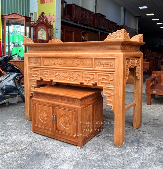 Bàn Thờ Án Gian Gỗ Gõ Đỏ Cao Cấp 1m53 Trạm Sen Kèm Tủ Táp