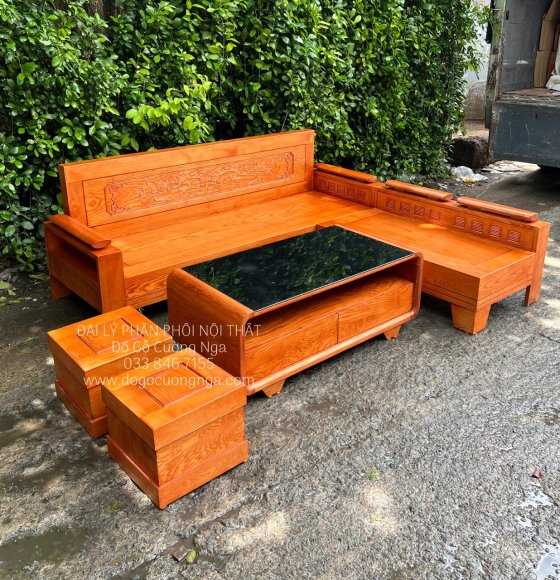 Bàn Ghế Sofa Gỗ Sồi Nga Góc L 2mx1m8 Tựa Cảnh Lau Màu