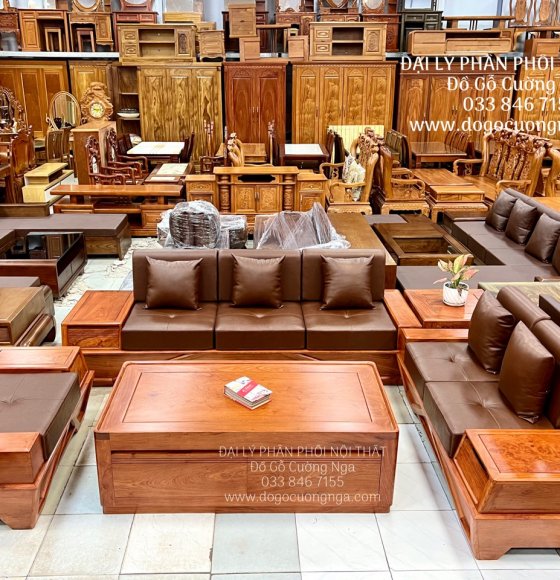 Ghế Sofa Gỗ Hương Đá Cao Cấp Chân Thuyền Kèm Nệm - 2 Văng