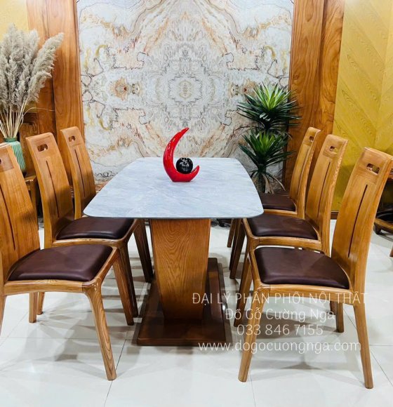 Bàn Ăn Gỗ Sồi Mặt Đá 6 Ghế Lau Màu Hương Cao Cấp