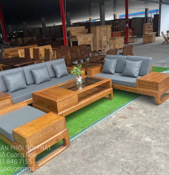 Bàn Ghế Sofa Gỗ Sồi Nga 2 Văng Choãi Lau Màu Hiện Đại Kết Hợp Nệm 