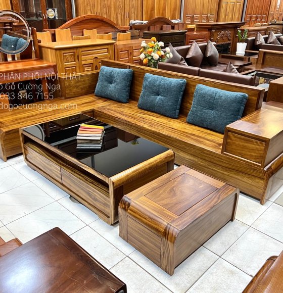 Bàn Ghế Sofa Gỗ Hương Xám Góc L 2m8x1m8 Chân Cuốn Bền Đẹp