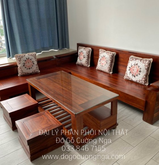 Ghế Sofa Gỗ Hương Xám Góc L Màu Óc Chó 2m4x2m Hiện Đai 