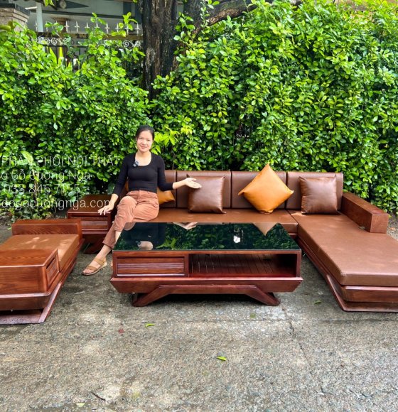 Sofa Gỗ Sồi Nga Lau Màu Óc Chó Góc L 2m8x1m8 Kèm Nệm 