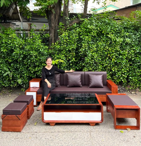 Bàn Ghế Sofa Văng Gỗ Sồi Nga 2m3 - 5 Món Kèm Nệm Hiện Đại 