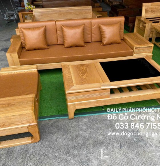 Bàn Ghế Sofa Gỗ Sồi Nga Văng Choãi Kèm Nệm Giá Rẻ - Màu Tự Nhiên 