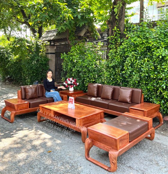 Bộ Ghế Sofa Gỗ Hương Đá Cao Cấp 2 Văng Choãi Kèm Nệm 