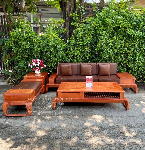 Bàn Ghế Sofa Gỗ Hương Đá Văng Chân Xoắn Cao Cấp Kèm Nệm