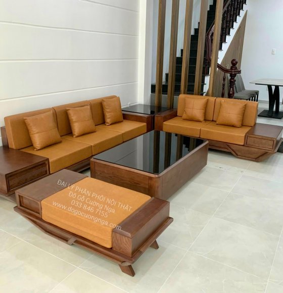 Bàn Ghế Sofa Gỗ Sồi Nga 2 Văng Thuyền Kèm Nệm 5 Chi Tiết 