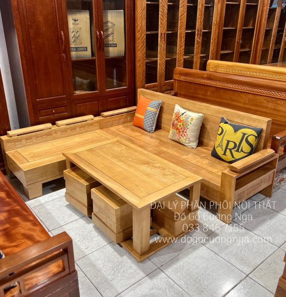 Bàn Ghế Sofa Gỗ Sồi Nga Giá Rẻ Góc L 2mx1m8 Tựa Liền Đẹp Chất Lượng 