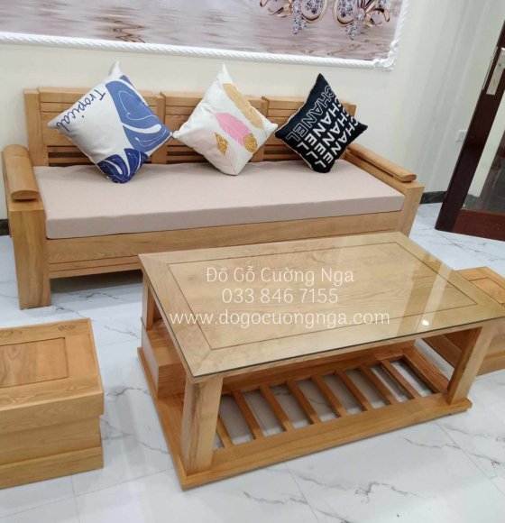 Sofa Gỗ Sồi Nga 1 Văng 2m Nhỏ Gọn Kèm Nệm Giá Rẻ