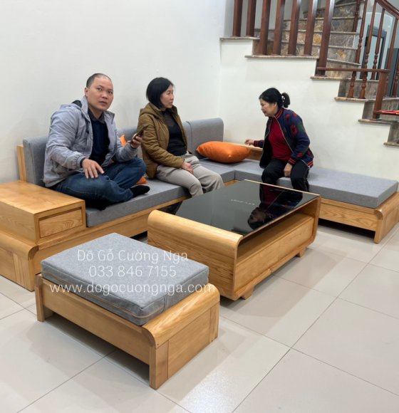 Sofa Gỗ Sồi Nga Góc L Chân Cuốn Hiện Đại Màu Tự Nhiên 