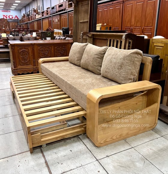 Sofa Giường Kéo Đa Năng Gỗ Sồi Kem Nệm Màu Kem Hiện Đại