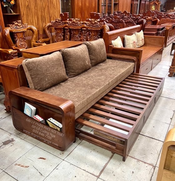 Ghế Sofa Giường Kéo Thông Minh Gỗ Sồi Lau Màu Óc Chó Hiện Đại 