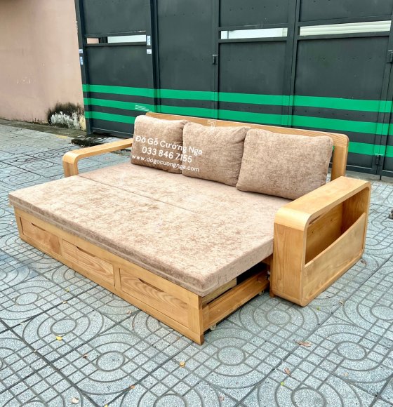 Sofa Giường Gỗ Sồi Thông Minh Màu Tự Nhiên - Kèm Nệm