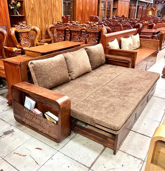 Sofa Giường Kéo Gỗ Sồi Thông Minh Màu Óc Chó Kèm Nệm 