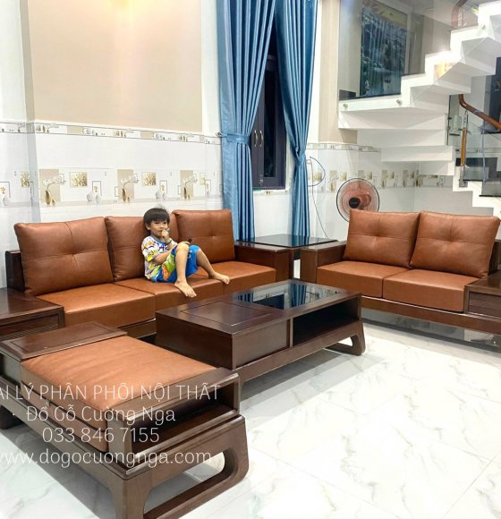 Ghế Sofa Gỗ Sồi Nga 2 Văng Lau Màu Óc Chó Cao Cấp - Kèm Nệm 