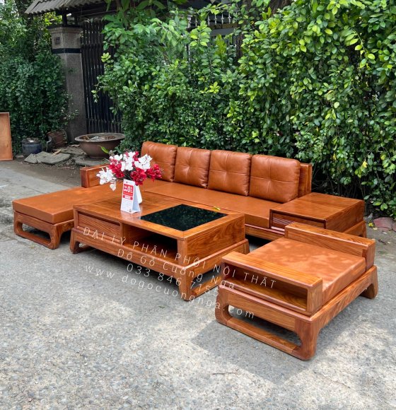 Bộ Bàn Ghế Phòng Khách Sofa Gỗ Hương Vàng 2m8x1m8 Chân Choãi