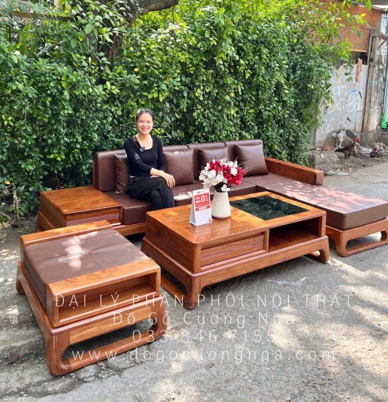 Bộ Bàn Ghế Sofa Gỗ Hương Vàng Kèm Nệm Cao Cấp 2m8x1m8 