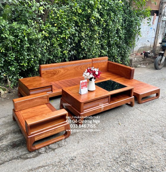 Bàn Ghế Sofa Gỗ Hương Vàng Góc L 2m8x1m8 Hiện Đại 