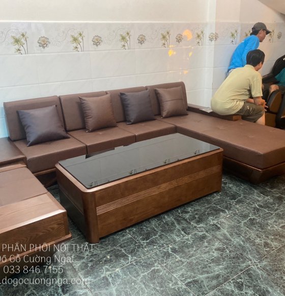 Bộ Bàn Ghế Sofa Gỗ Sồi Nga Góc L 2m8x1m9 Kèm Nệm Vế Phải 