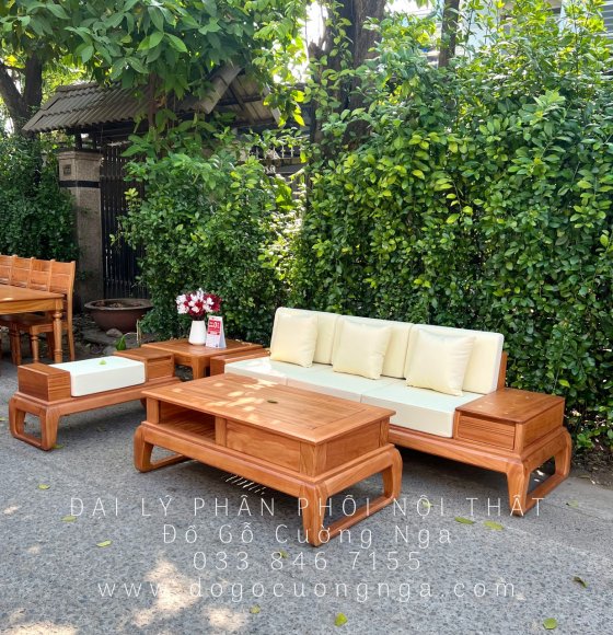Bộ Ghế Sofa Gỗ Gõ Đỏ Một Văng Choãi Kèm Nệm Cao Cấp 