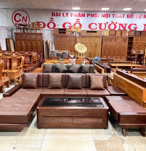 Bộ Bàn Ghế Sofa Gỗ Sồi Nga Lau Màu Óc Chó 2m8x1m9 Chân Thuyền