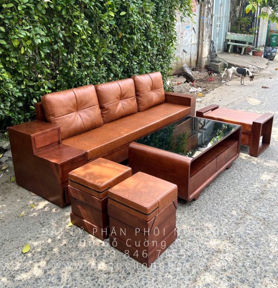 Bàn Ghế Sofa Gỗ Sồi Nga Lau Màu Óc Chó 3 Chỗ Ngồi - 5 Món