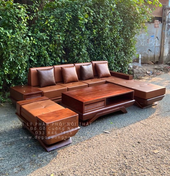 Ghế Sofa Gỗ Sồi Nga Lau Màu Óc Chó Góc Thuyền 2m8x1m8 Hiện Đại 