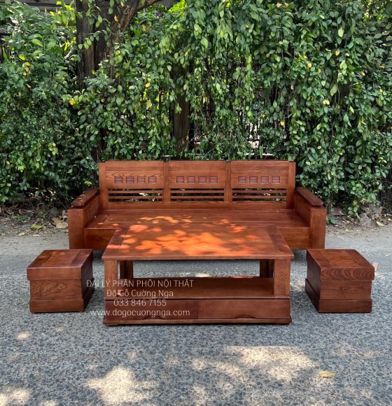 Bộ Bàn Ghế Sofa Gỗ Sồi Nga Lau Màu Óc Chó Bộ 1 Văng 