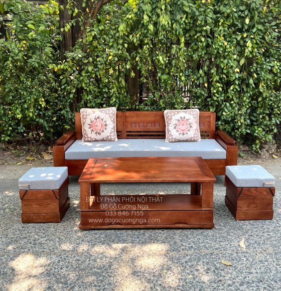 Bộ Bàn Ghế Sofa Gỗ Sồi Nga Lau Màu Óc Chó Dành Cho Chung Cư 