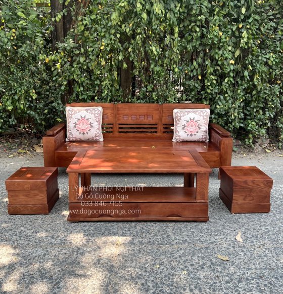 Bộ Bàn Ghế Sofa Gỗ Sồi Nga 2m Lau Màu Óc Chó kèm Gối Tựa 