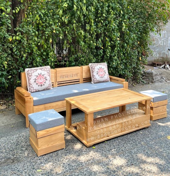 Bộ Bàn Ghế Sofa Gỗ Sồi Nga Văng Kèm Nệm Giá Rẻ Màu Sáng 